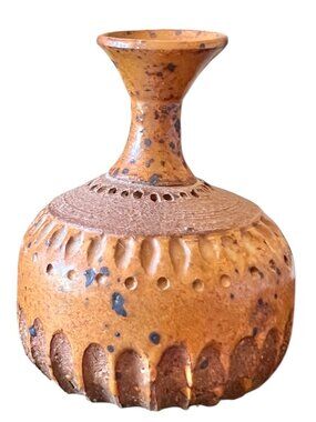 Signed Handcrafted Ceramic Bud Vase Tan Textured Design 4" T Natural Boho Earthy